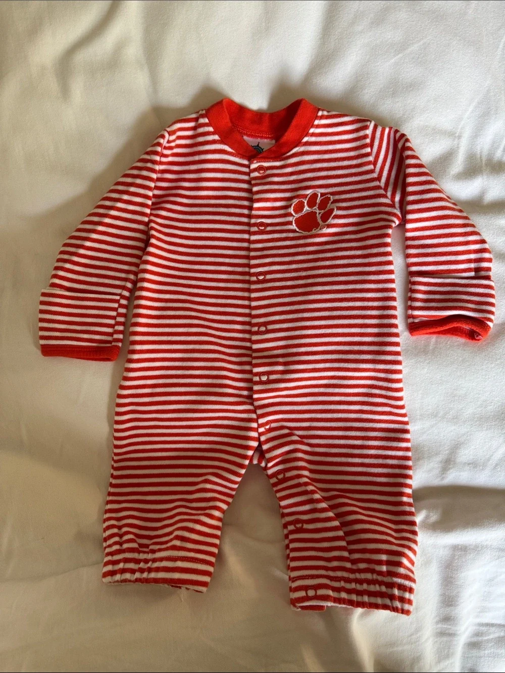 Orange & White Striped Baby One-Piece with  Clemson Tiger Paw Appliqué